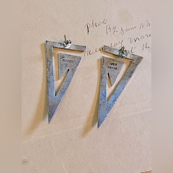 Large Vintage Sterling Silver Taxco Geometric Triangle Pierced Earrings TS-45 - Picture 7 of 11